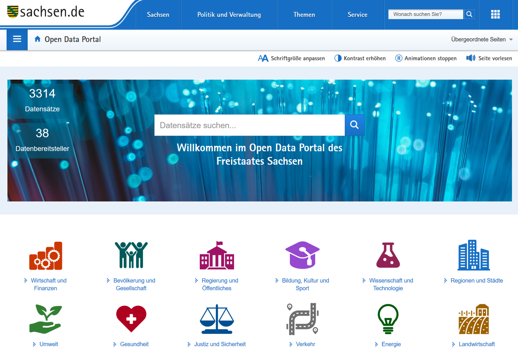 Startseite des Open Data Portals mit Suchschlitz und Suchkategorien. 