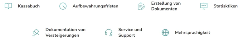 Vorteile von Nova - Find wie Kassabuch, Aufbewahrungsfristen, , Erstellung von, Dokumenten, Statisktiken, Dokumentation von, Versteigerungen, Service und Support, Mehrsprachigkeit