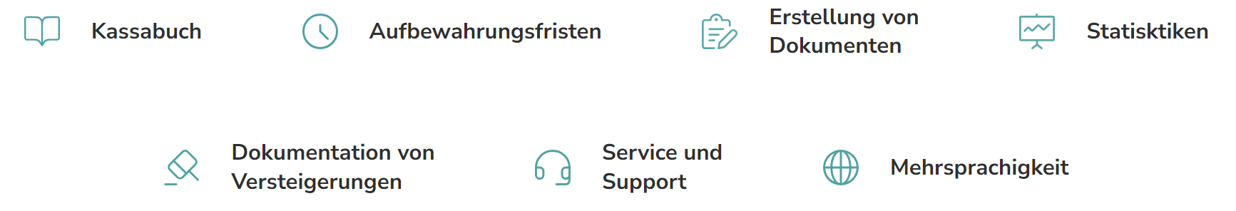 Vorteile von Nova - Find wie Kassabuch, Aufbewahrungsfristen, , Erstellung von, Dokumenten, Statisktiken, Dokumentation von, Versteigerungen, Service und Support, Mehrsprachigkeit